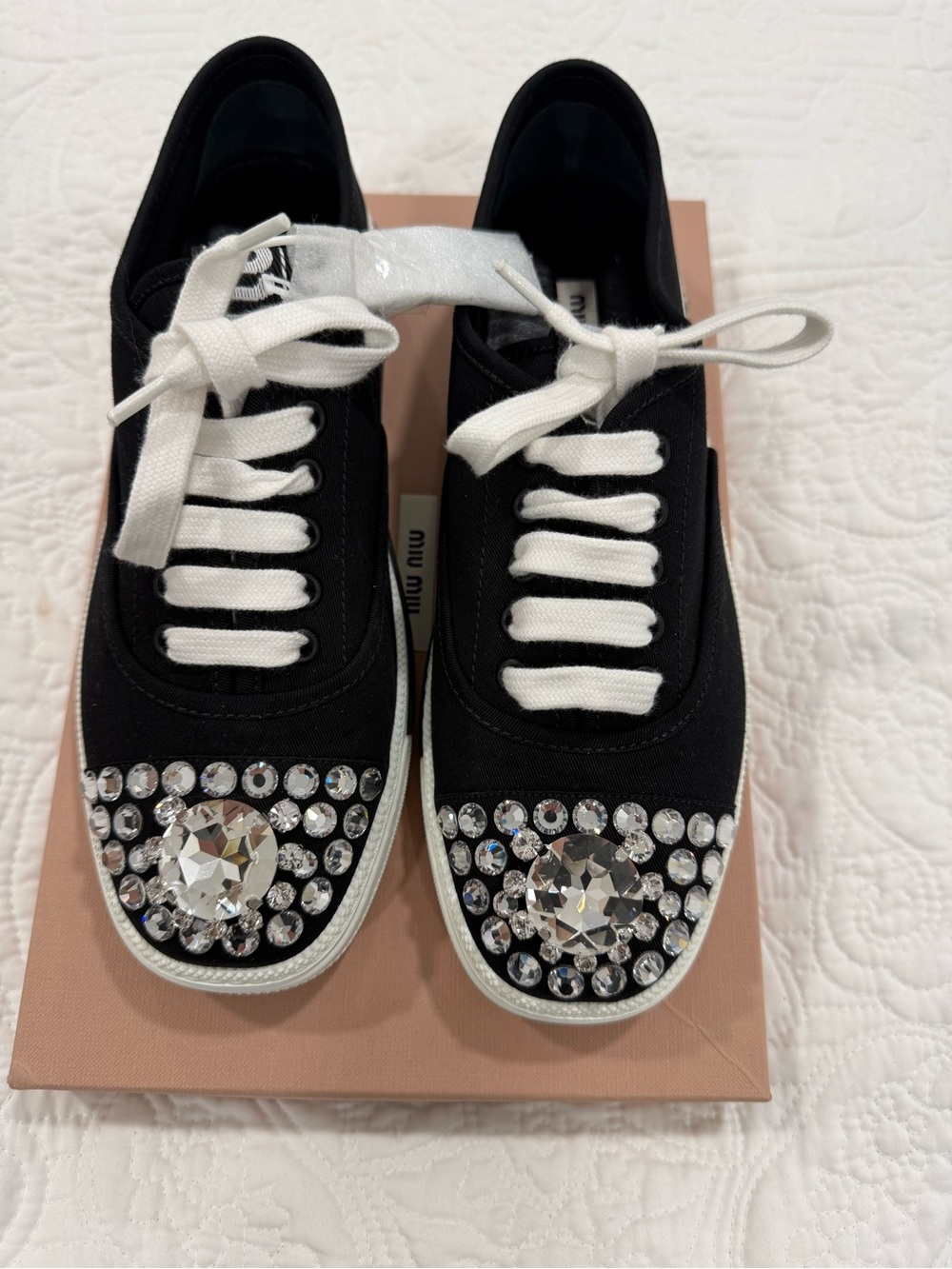 Miu Miu Black Canvas Sneakers with Crystal Toe Accents with tag and box New!